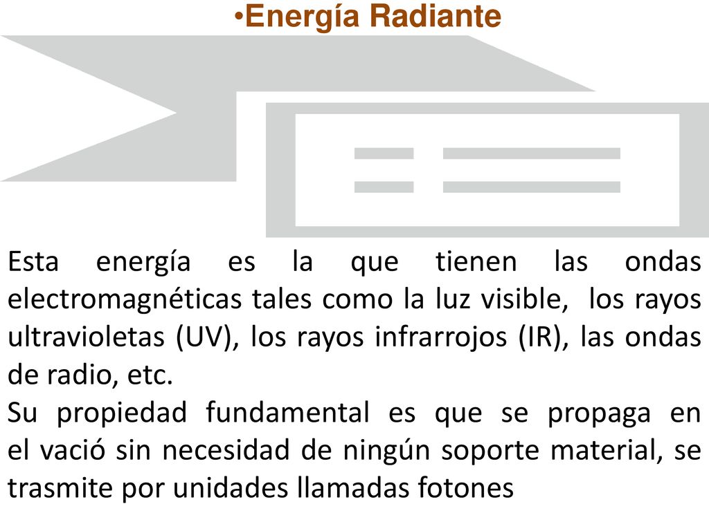 Esta energía es la que tienen las ondas electromagnéticas tales como la luz visible, los rayos ultravioletas (UV), los rayos infrarrojos (IR), las ondas de radio, etc.