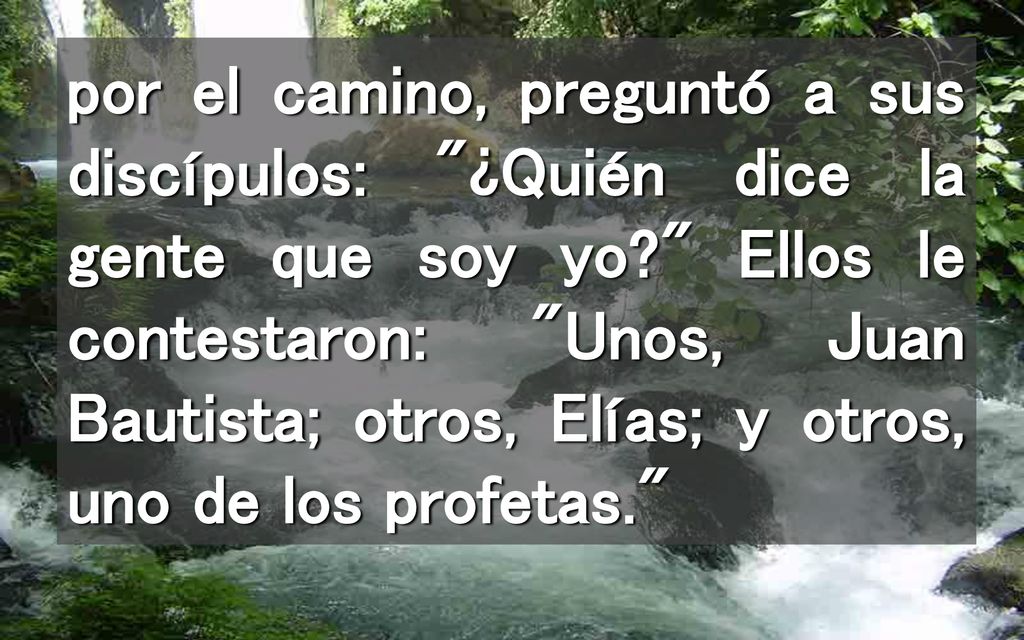 por el camino, preguntó a sus discípulos: ¿Quién dice la gente que soy yo Ellos le contestaron: Unos, Juan Bautista; otros, Elías; y otros, uno de los profetas.
