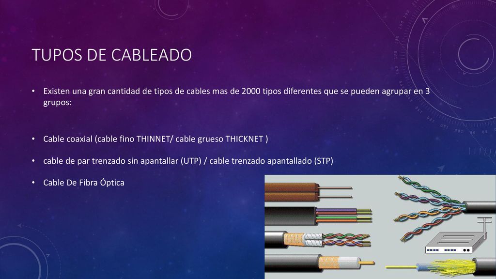 Tupos de cableado Existen una gran cantidad de tipos de cables mas de 2000 tipos diferentes que se pueden agrupar en 3 grupos: