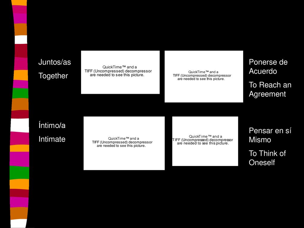 Juntos/as Together. Ponerse de Acuerdo. To Reach an Agreement. Íntimo/a. Intimate. Pensar en sí Mismo.
