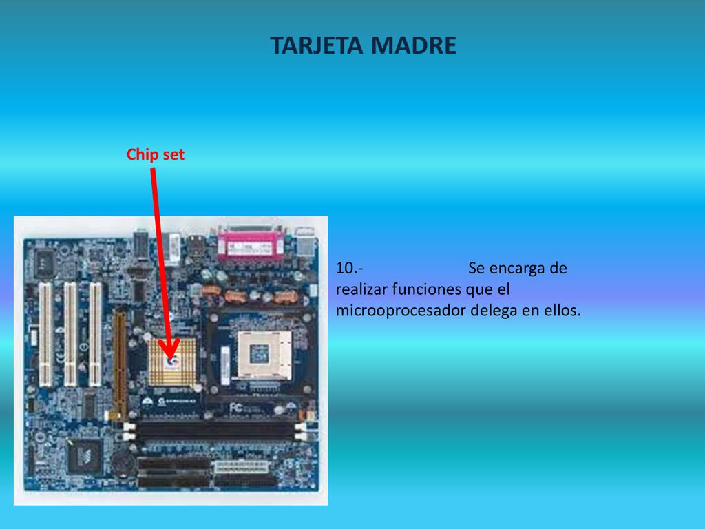 Chip set 10.- Se encarga de realizar funciones que el microoprocesador delega en ellos.