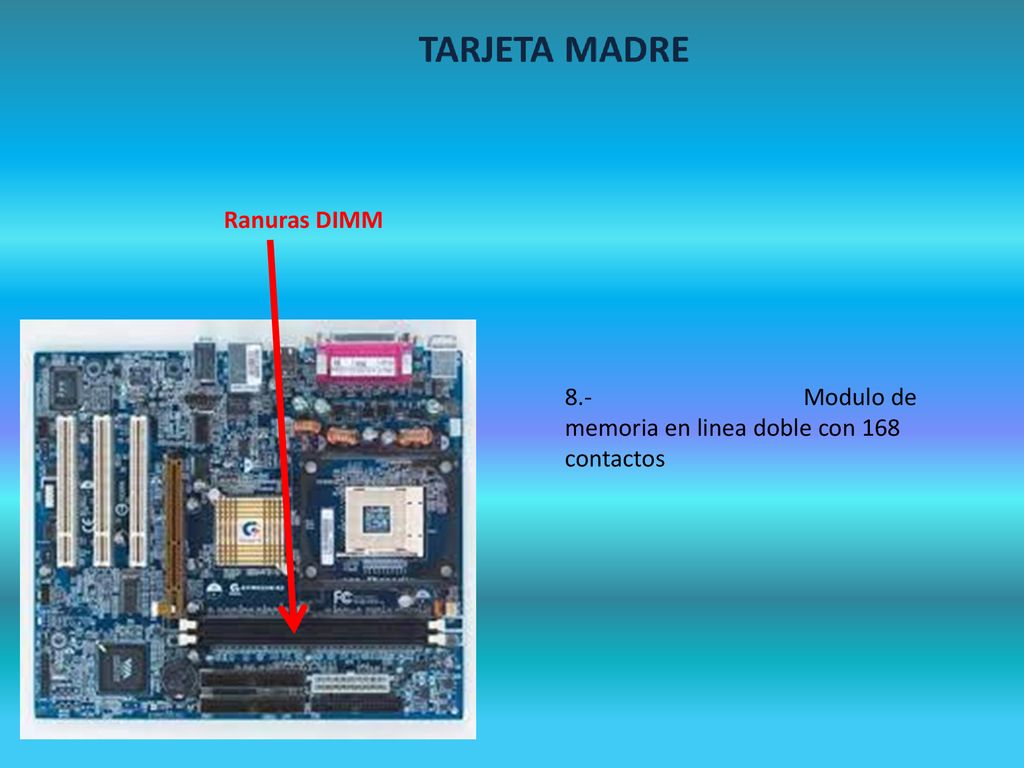 Ranuras DIMM 8.- Modulo de memoria en linea doble con 168 contactos.
