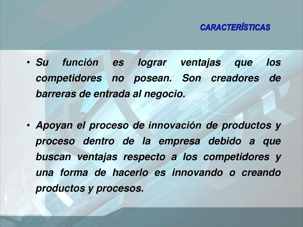 CARACTERÍSTICAS Su función es lograr ventajas que los competidores no posean. Son creadores de barreras de entrada al negocio.