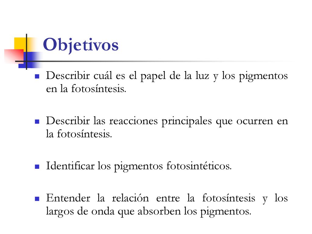 Objetivos Describir cuál es el papel de la luz y los pigmentos en la fotosíntesis.