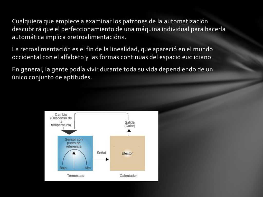 Cualquiera que empiece a examinar los patrones de la automatización descubrirá que el perfeccionamiento de una máquina individual para hacerla automática implica «retroalimentación».