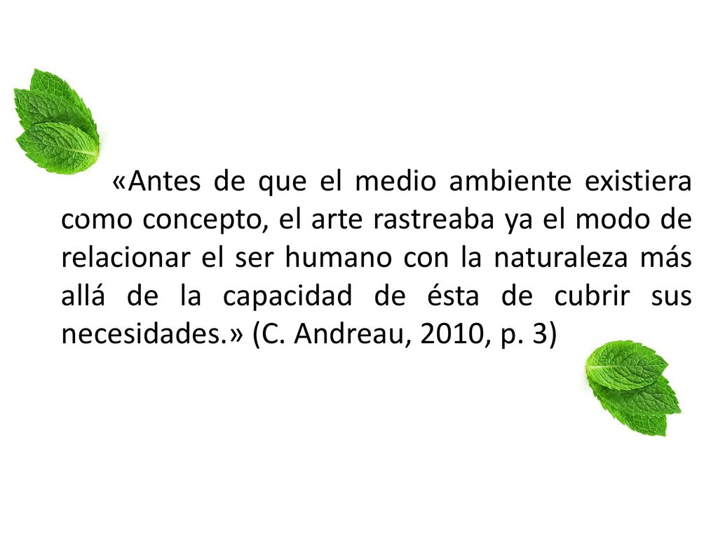 «Antes de que el medio ambiente existiera como concepto, el arte rastreaba ya el modo de relacionar el ser humano con la naturaleza más allá de la capacidad de ésta de cubrir sus necesidades.» (C.