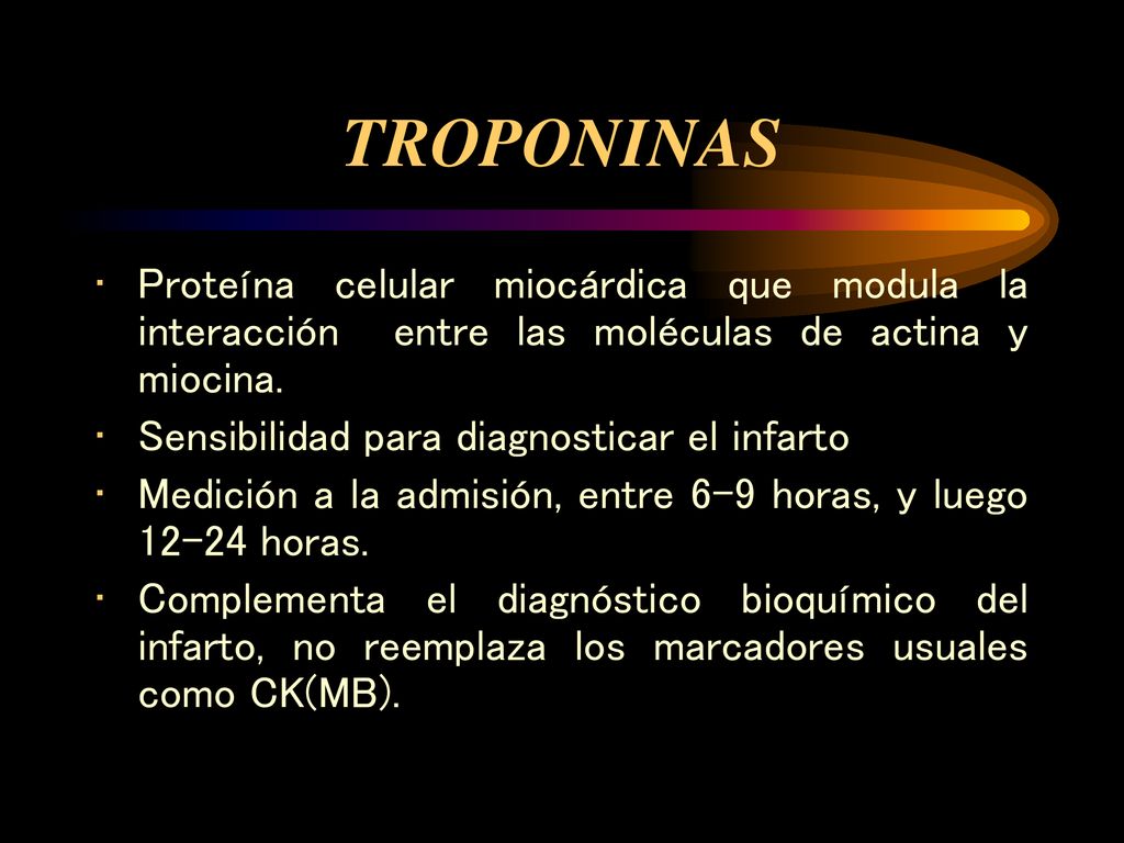TROPONINAS Proteína celular miocárdica que modula la interacción entre las moléculas de actina y miocina.