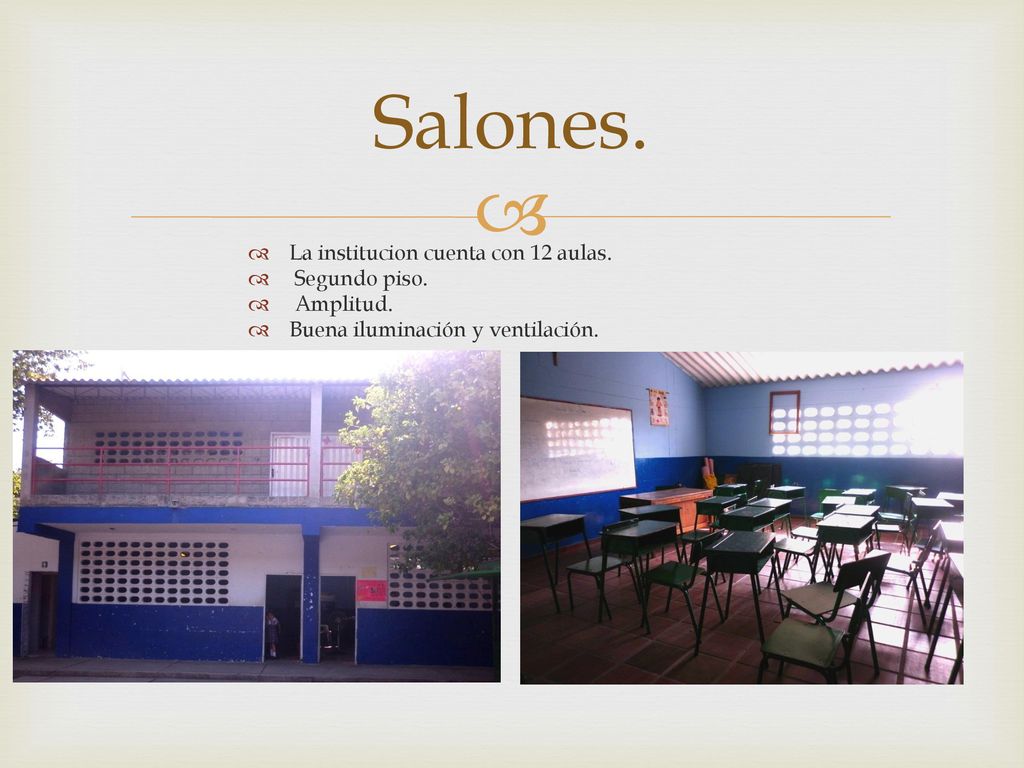Salones. La institucion cuenta con 12 aulas. Segundo piso. Amplitud.