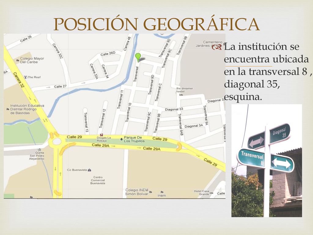 POSICIÓN GEOGRÁFICA La institución se encuentra ubicada en la transversal 8 , diagonal 35, esquina.