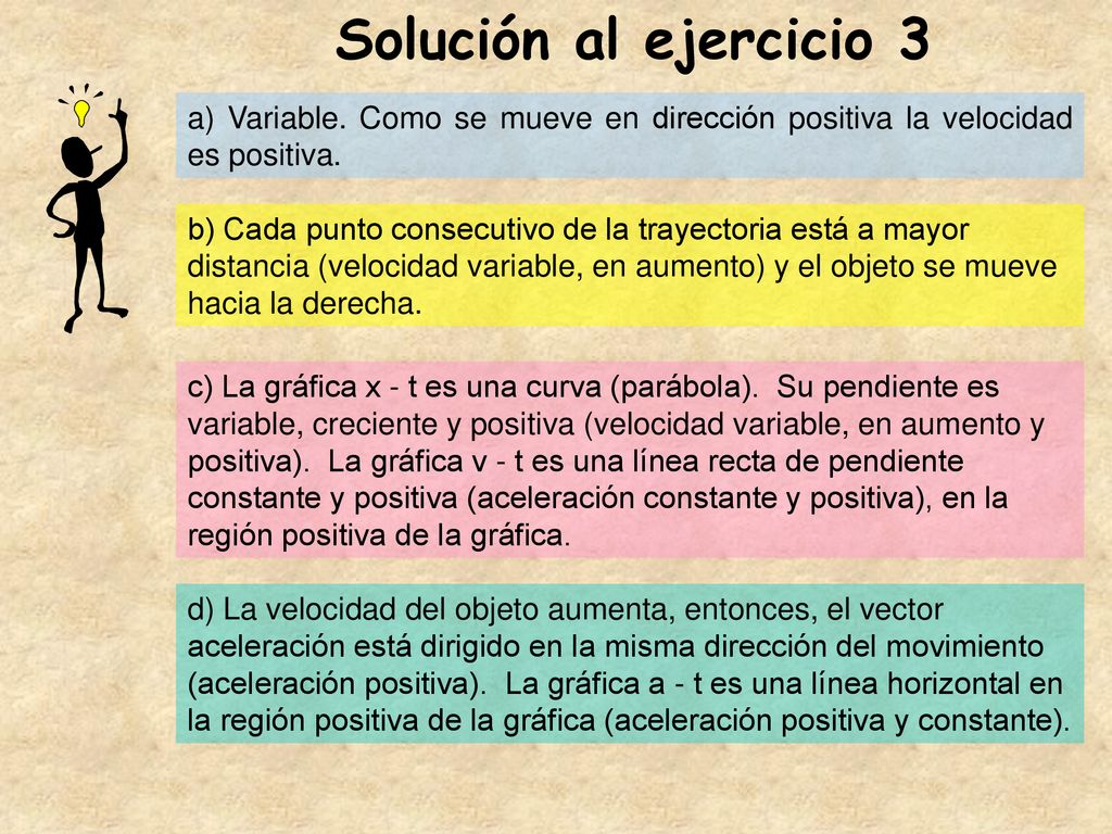Solución al ejercicio 3 a) Variable. Como se mueve en dirección positiva la velocidad es positiva.