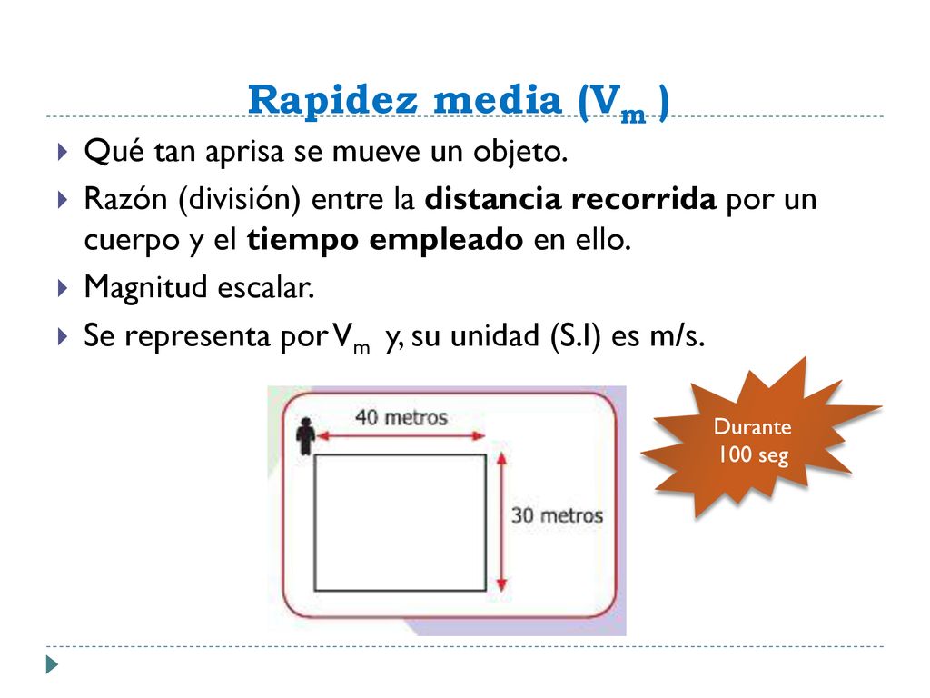 Rapidez media (Vm ) Qué tan aprisa se mueve un objeto.