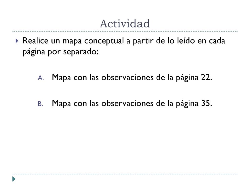 Actividad Realice un mapa conceptual a partir de lo leído en cada página por separado: Mapa con las observaciones de la página 22.