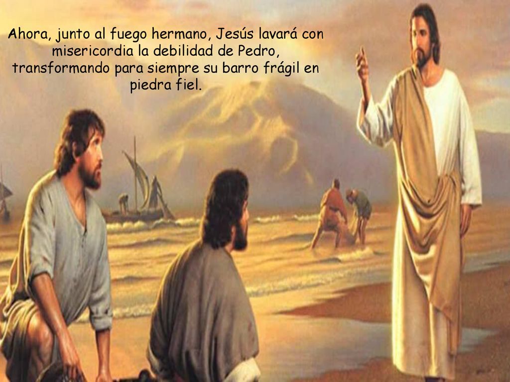 Ahora, junto al fuego hermano, Jesús lavará con misericordia la debilidad de Pedro, transformando para siempre su barro frágil en piedra fiel.