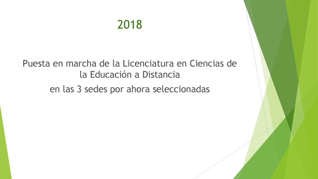 2018 Puesta en marcha de la Licenciatura en Ciencias de la Educación a Distancia en las 3 sedes por ahora seleccionadas