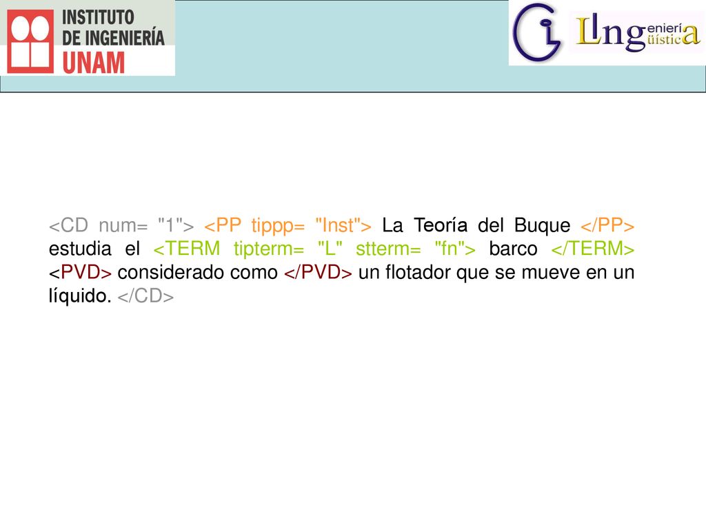 <CD num= 1 > <PP tippp= Inst > La Teoría del Buque </PP> estudia el <TERM tipterm= L stterm= fn > barco </TERM> <PVD> considerado como </PVD> un flotador que se mueve en un líquido.