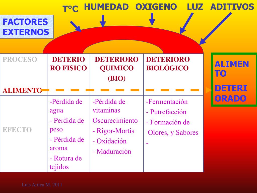 HUMEDAD OXIGENO LUZ ADITIVOS T°C FACTORES EXTERNOS ALIMEN TO DETERI