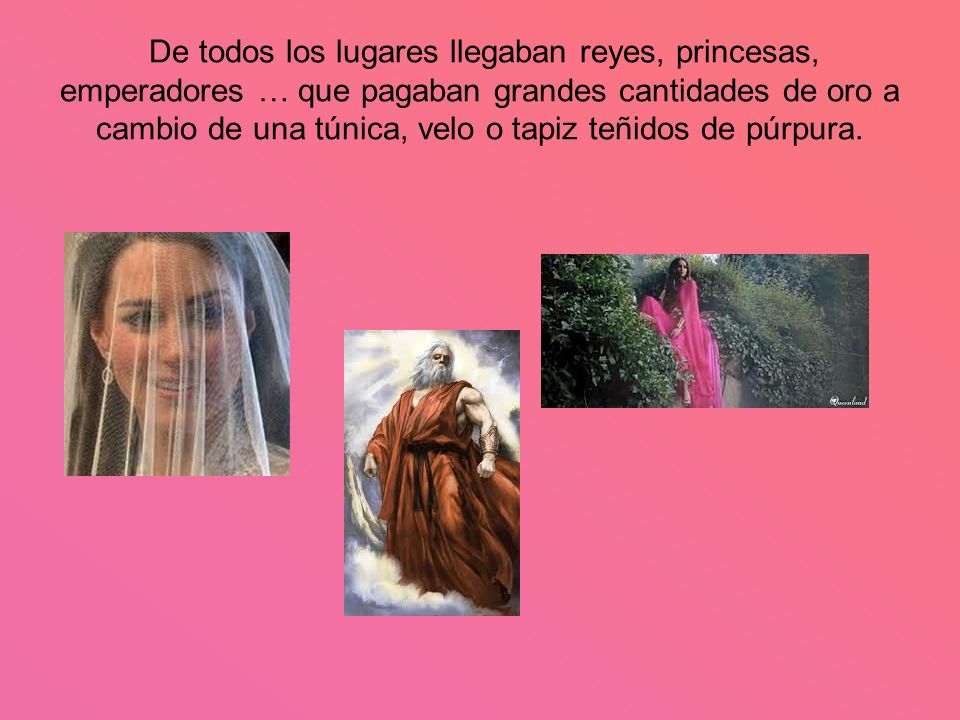 De todos los lugares llegaban reyes, princesas, emperadores … que pagaban grandes cantidades de oro a cambio de una túnica, velo o tapiz teñidos de púrpura.