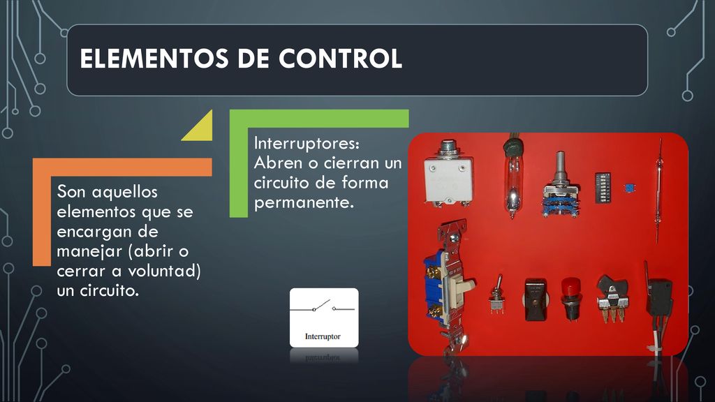 ELEMENTOS DE CONTROL Son aquellos elementos que se encargan de manejar (abrir o cerrar a voluntad) un circuito.