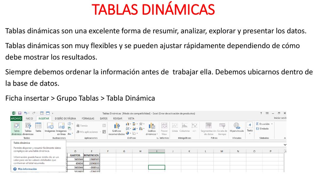 TABLAS DINÁMICAS Tablas dinámicas son una excelente forma de resumir, analizar, explorar y presentar los datos.