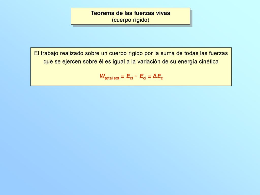 Teorema de las fuerzas vivas Wtotal ext = Ecf − Eci = ΔEc