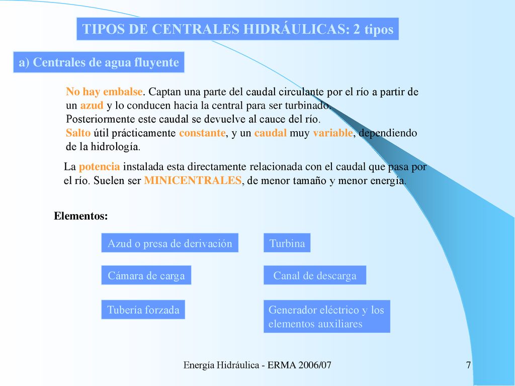 TIPOS DE CENTRALES HIDRÁULICAS: 2 tipos a) Centrales de agua fluyente