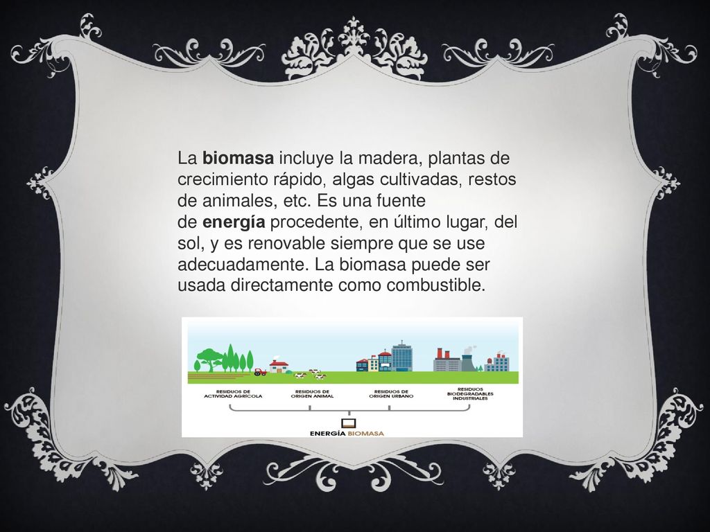 La biomasa incluye la madera, plantas de crecimiento rápido, algas cultivadas, restos de animales, etc.