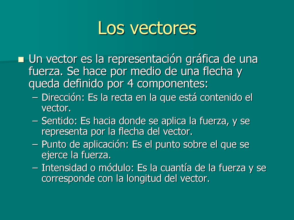 Los vectores Un vector es la representación gráfica de una fuerza. Se hace por medio de una flecha y queda definido por 4 componentes: