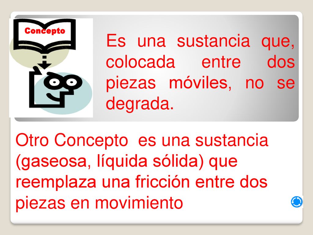 Concepto Es una sustancia que, colocada entre dos piezas móviles, no se degrada.