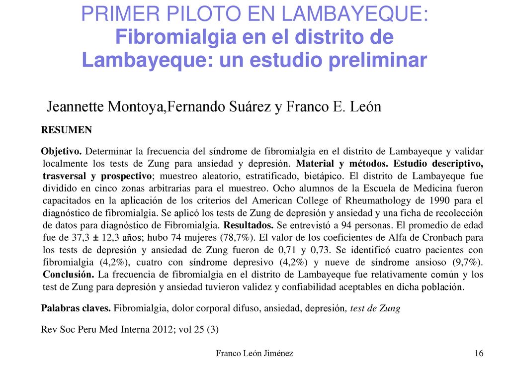 PRIMER PILOTO EN LAMBAYEQUE: Fibromialgia en el distrito de Lambayeque: un estudio preliminar