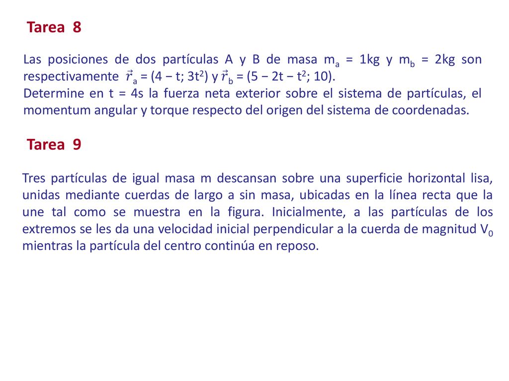 Tarea 8 Las posiciones de dos partículas A y B de masa ma = 1kg y mb = 2kg son respectivamente 𝑟 a = (4 − t; 3t2) y 𝑟 b = (5 − 2t − t2; 10).