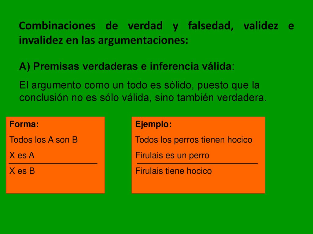 Combinaciones de verdad y falsedad, validez e invalidez en las argumentaciones: