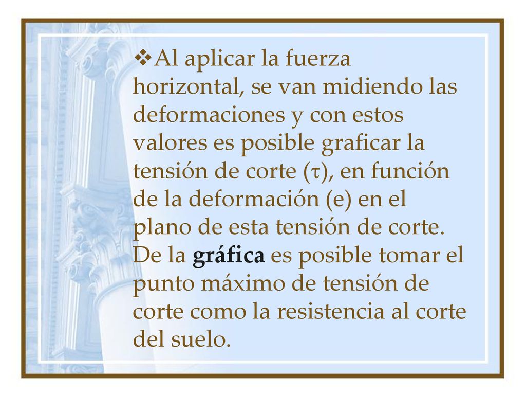 Al aplicar la fuerza horizontal, se van midiendo las deformaciones y con estos valores es posible graficar la tensión de corte (), en función de la deformación (e) en el plano de esta tensión de corte.