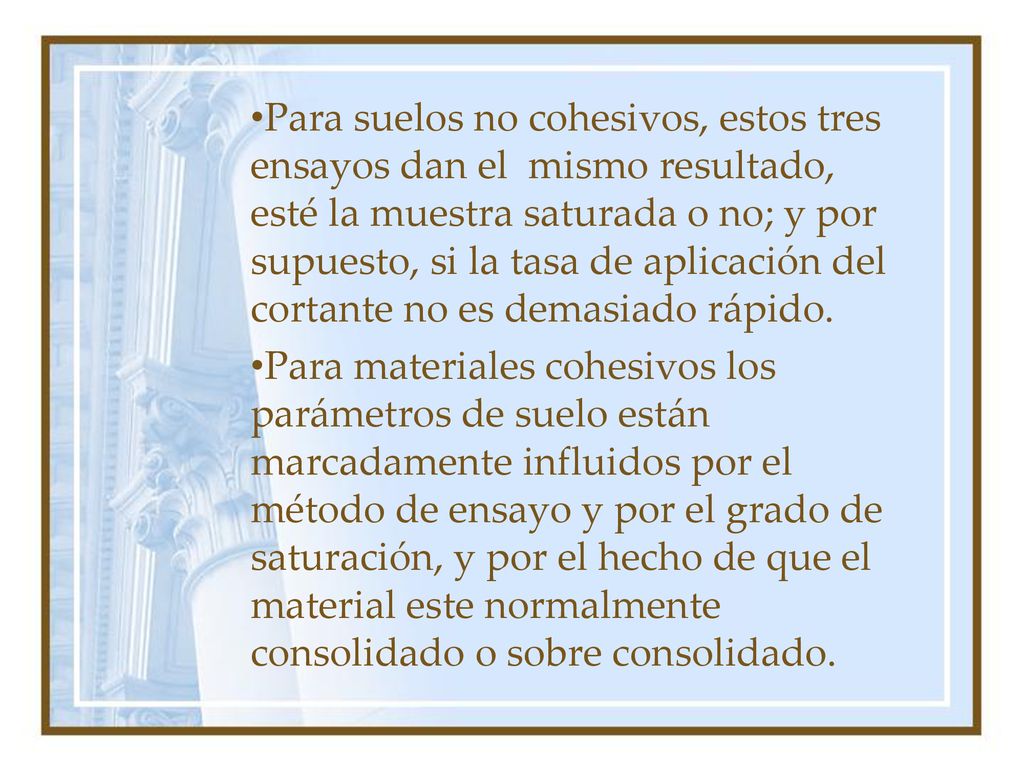 Para suelos no cohesivos, estos tres ensayos dan el mismo resultado, esté la muestra saturada o no; y por supuesto, si la tasa de aplicación del cortante no es demasiado rápido.
