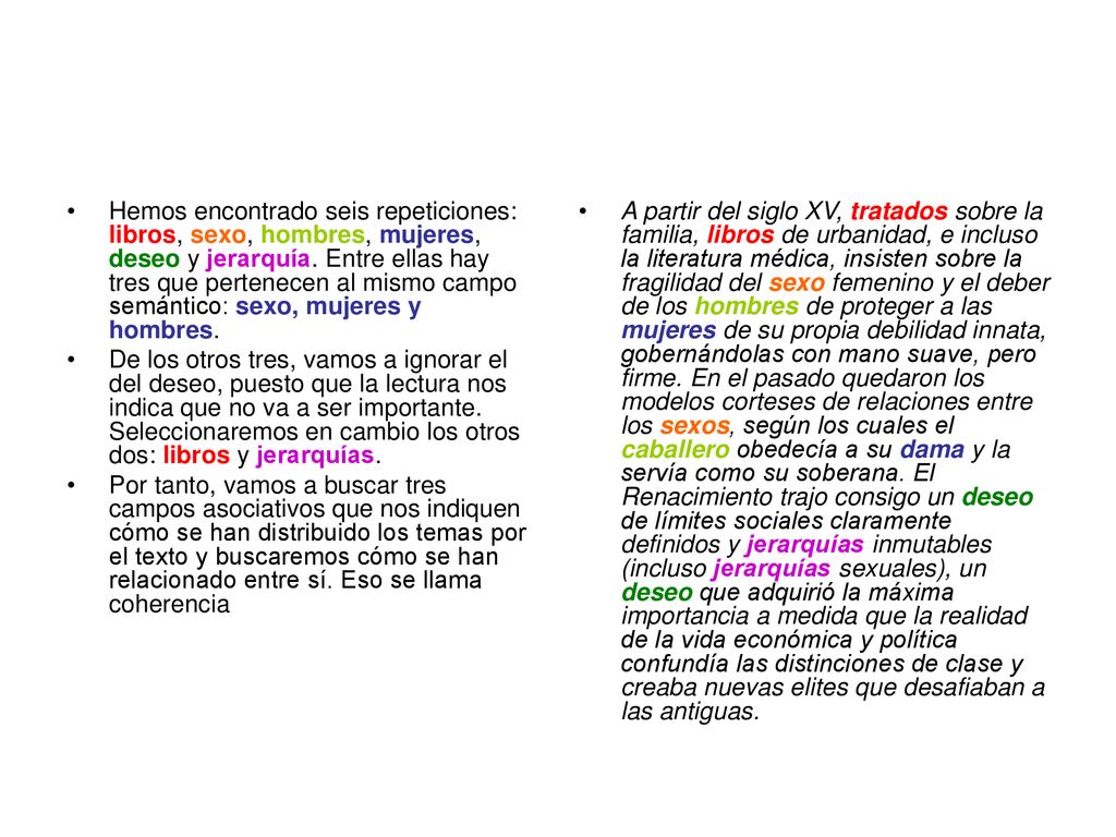 Hemos encontrado seis repeticiones: libros, sexo, hombres, mujeres, deseo y jerarquía. Entre ellas hay tres que pertenecen al mismo campo semántico: sexo, mujeres y hombres.