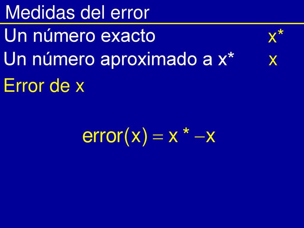 Medidas del error Un número exacto x* Un número aproximado a x* x Error de x