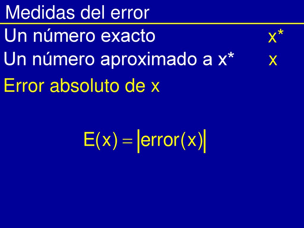 Medidas del error Un número exacto x* Un número aproximado a x* x Error absoluto de x