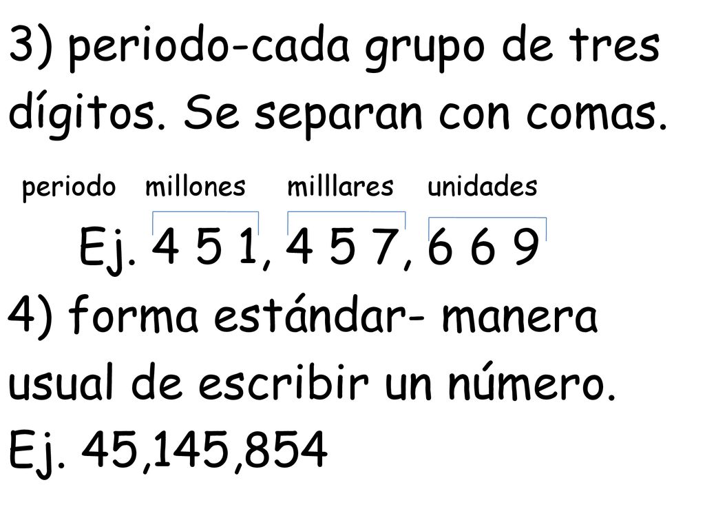 3) periodo-cada grupo de tres dígitos. Se separan con comas