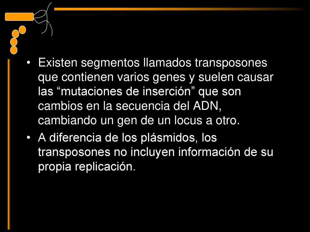 Existen segmentos llamados transposones que contienen varios genes y suelen causar las mutaciones de inserción que son cambios en la secuencia del ADN, cambiando un gen de un locus a otro.