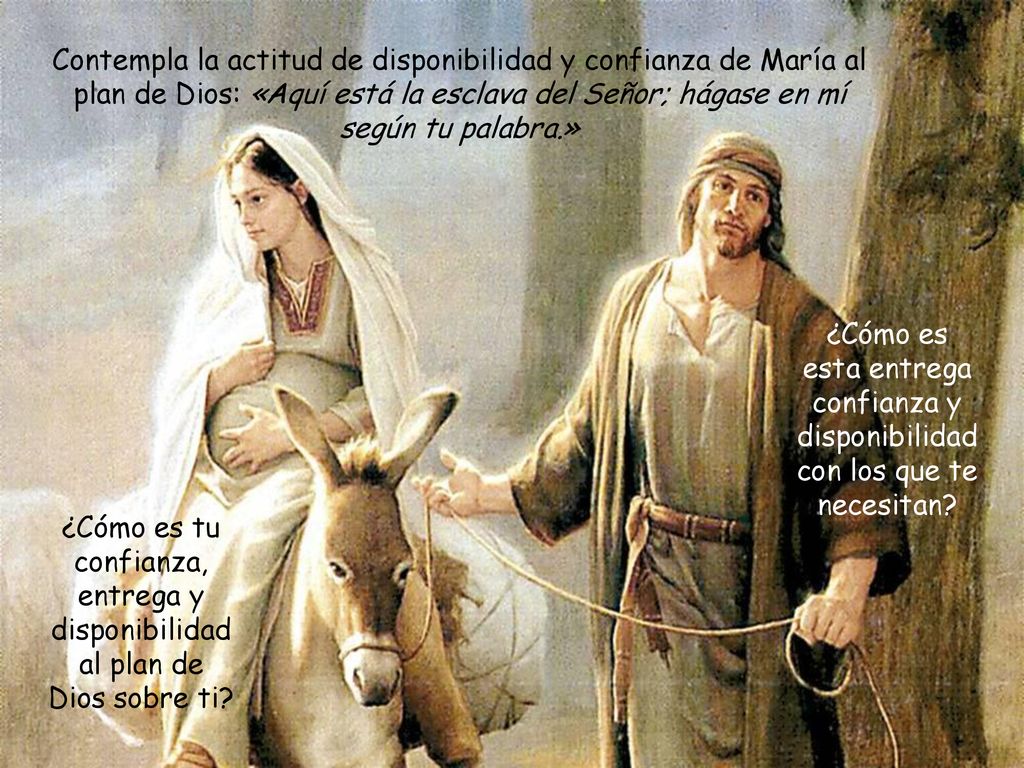 Contempla la actitud de disponibilidad y confianza de María al plan de Dios: «Aquí está la esclava del Señor; hágase en mí según tu palabra.»