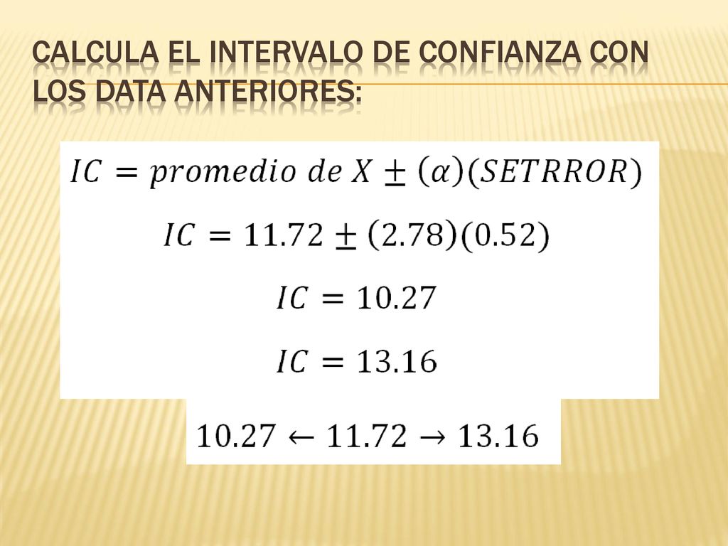 Calcula el intervalo de confianza con los data anteriores: