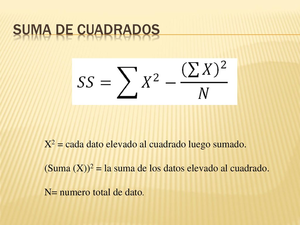 Suma de cuadrados X2 = cada dato elevado al cuadrado luego sumado.