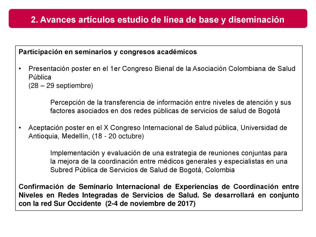 2. Avances artículos estudio de línea de base y diseminación