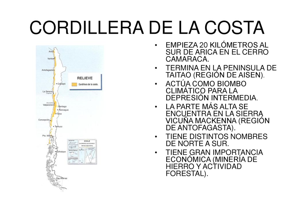 CORDILLERA DE LA COSTA EMPIEZA 20 KILÓMETROS AL SUR DE ARICA EN EL CERRO CAMARACA. TERMINA EN LA PENINSULA DE TAITAO (REGIÓN DE AISEN).