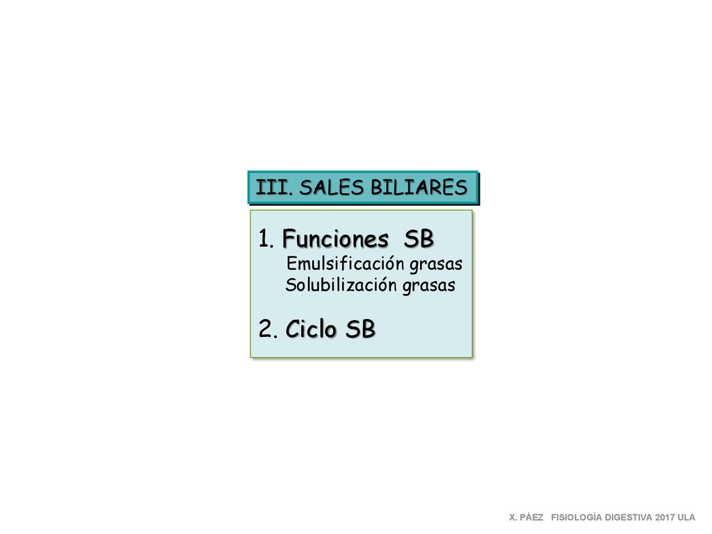 1. Funciones SB 2. Ciclo SB III. SALES BILIARES Solubilización grasas
