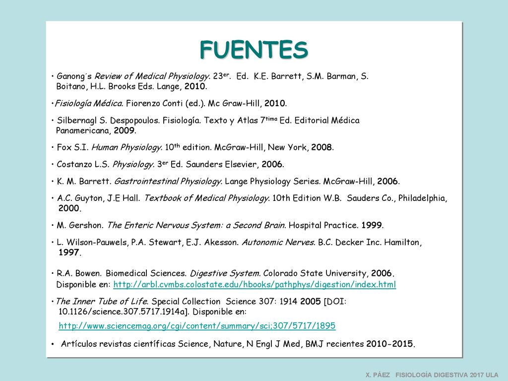FUENTES Ganong´s Review of Medical Physiology. 23er. Ed. K.E. Barrett, S.M. Barman, S. Boitano, H.L. Brooks Eds. Lange,