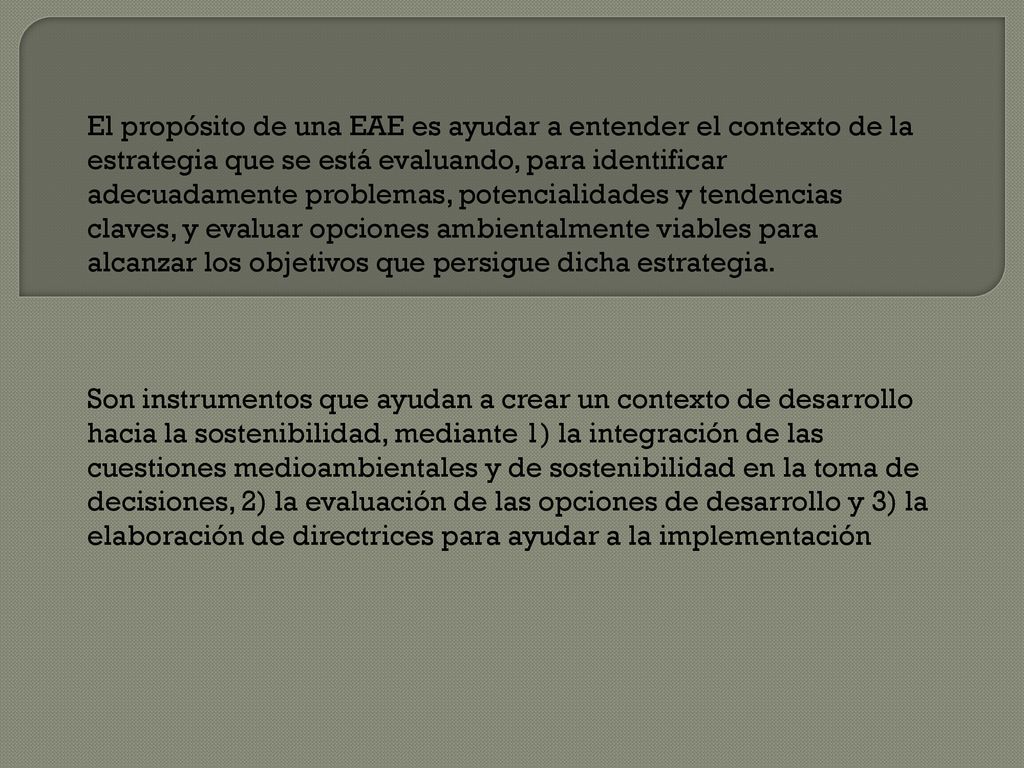 El propósito de una EAE es ayudar a entender el contexto de la estrategia que se está evaluando, para identificar adecuadamente problemas, potencialidades y tendencias claves, y evaluar opciones ambientalmente viables para alcanzar los objetivos que persigue dicha estrategia.