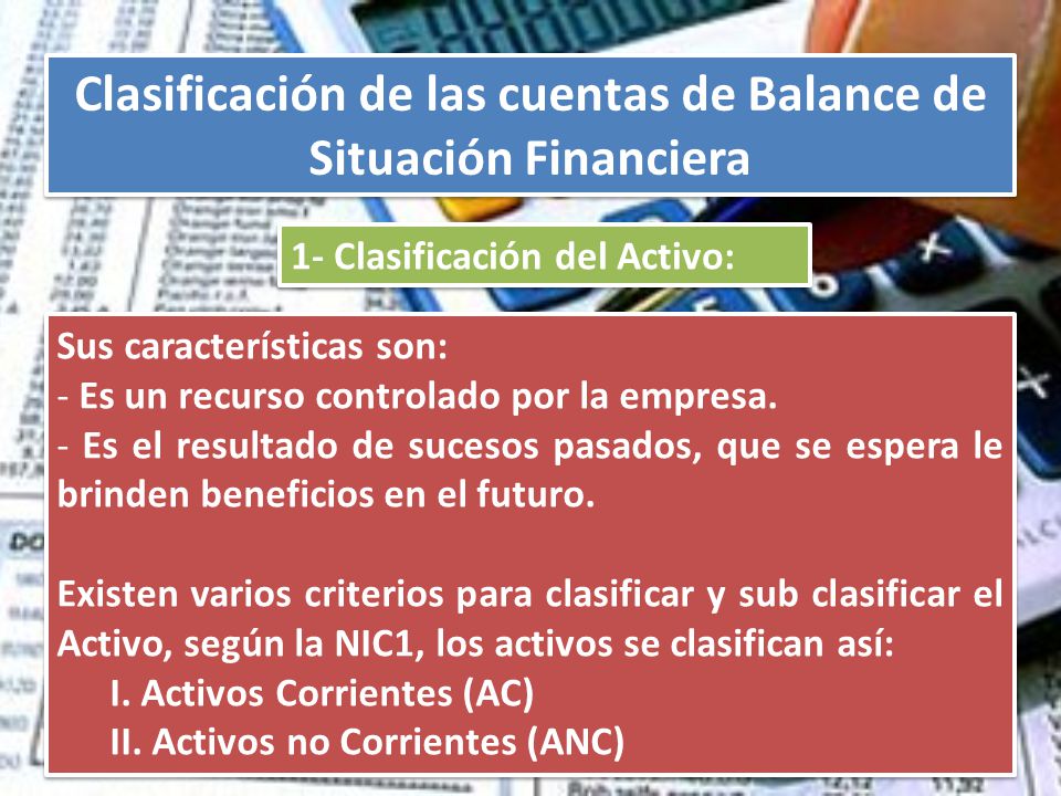 Clasificación de las cuentas de Balance de Situación Financiera