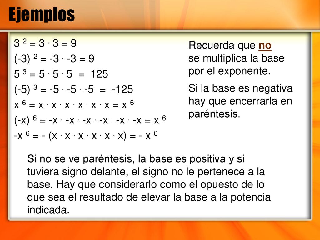 Ejemplos 3 2 = = 9. (-3) 2 = = = = 125. (-5) 3 = =
