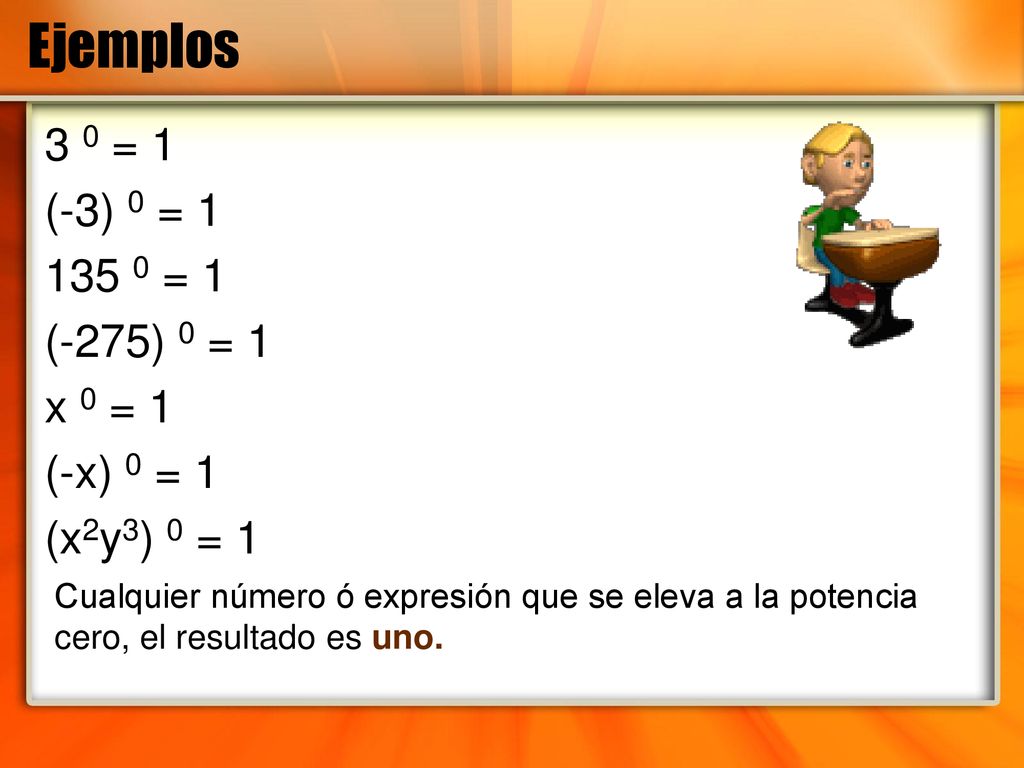 Ejemplos 3 0 = 1 (-3) 0 = = 1 (-275) 0 = 1 x 0 = 1 (-x) 0 = 1