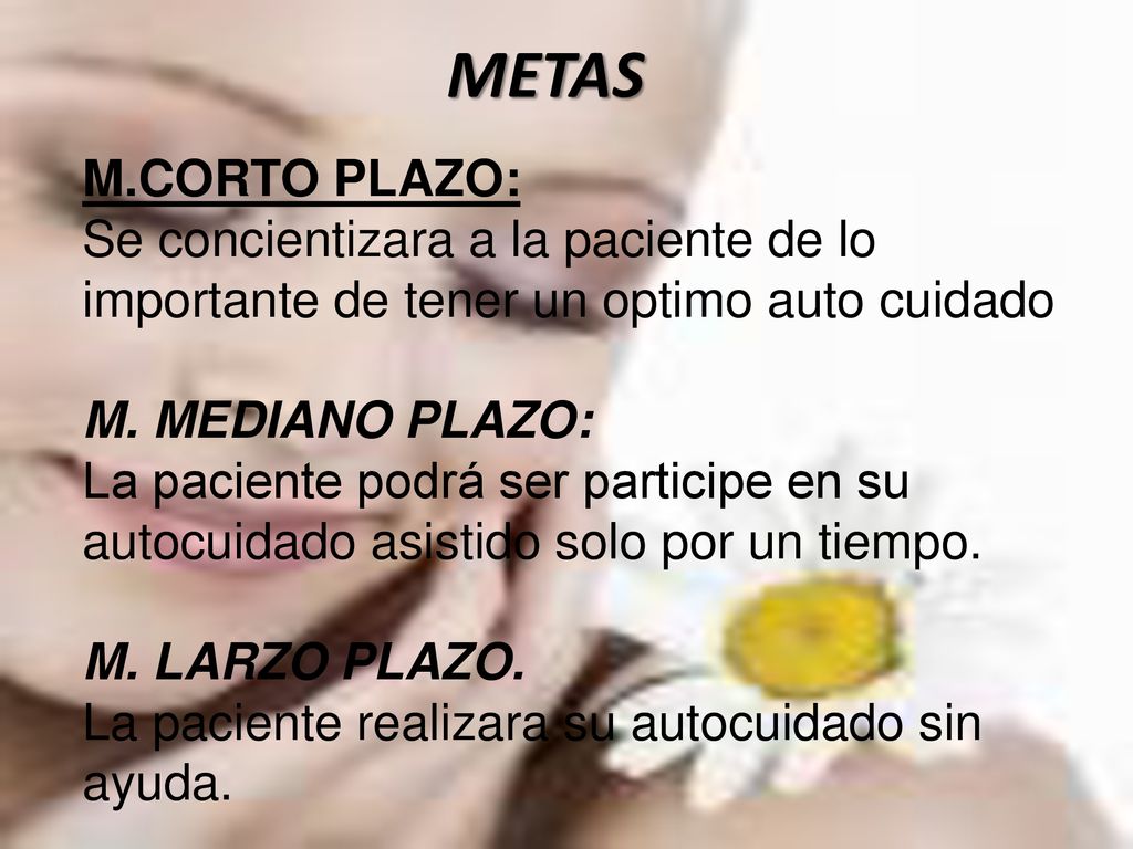 METAS M.CORTO PLAZO: Se concientizara a la paciente de lo importante de tener un optimo auto cuidado.